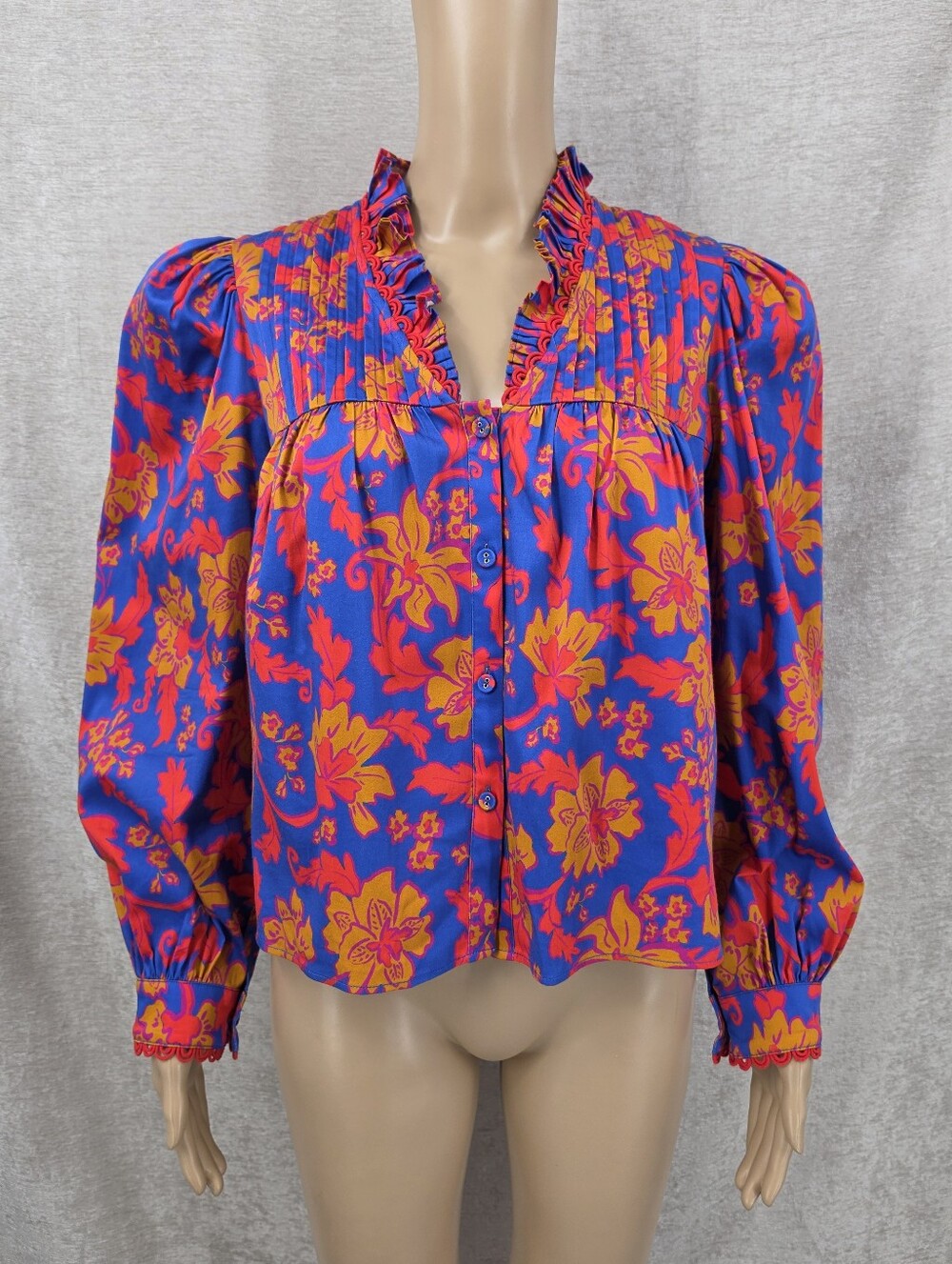 Alden Adair Vibrant Floral Ruffled Button Front Blouse Puffed Sleeves Scalloped